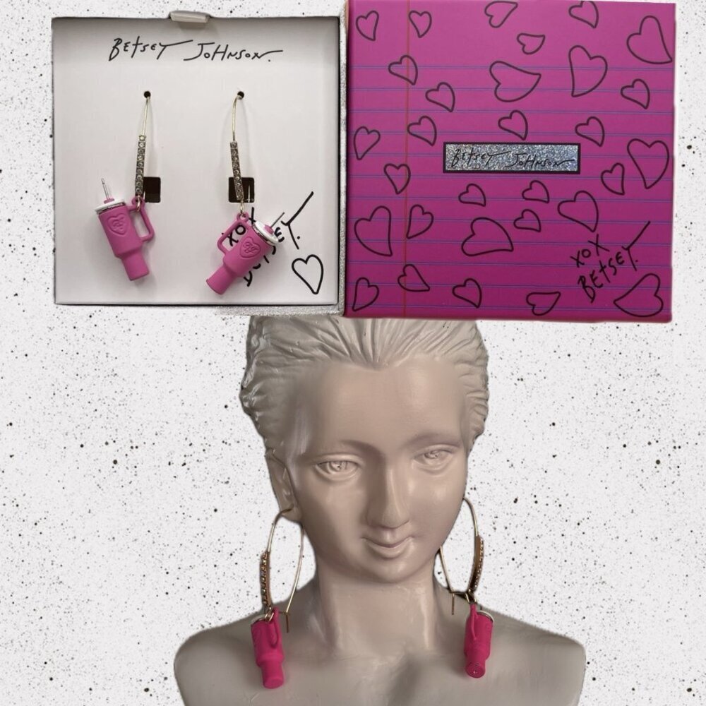 Betsey Johnson Pink Stanley Cup Pave Detail Shepherd Hook Earrings-Gift Boxed